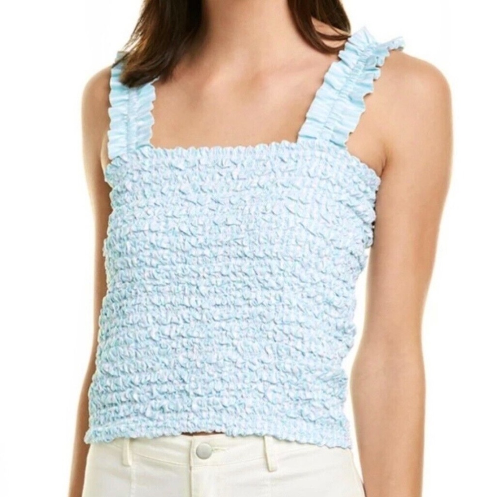 New Petersyn Smocked Ruffle Strap Tami Tank Top Blue White Stripe Size Large